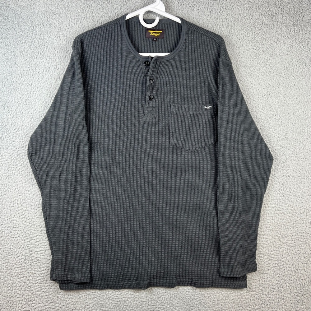 Seager Mens XL Gray Waffle Knit Thermal Long Sleeve Henley Pocket Shirt Cotton